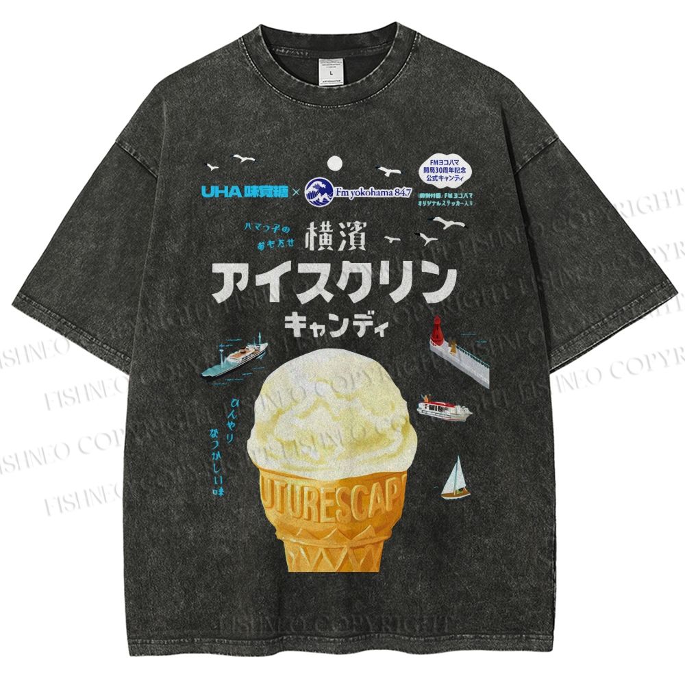 Unisex Japanese Ice-Cream Printed Washed Tee