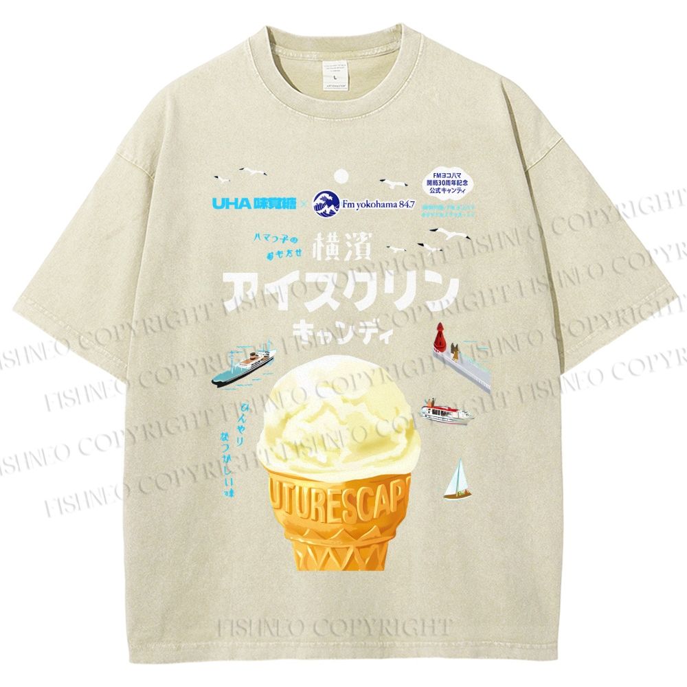 Unisex Japanese Ice-Cream Printed Washed Tee