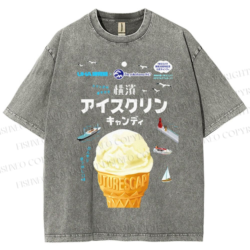 Unisex Japanese Ice-Cream Printed Washed Tee