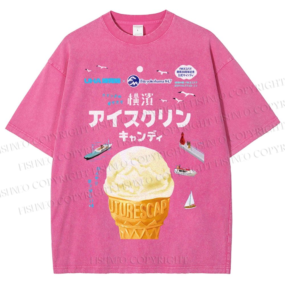 Unisex Japanese Ice-Cream Printed Washed Tee