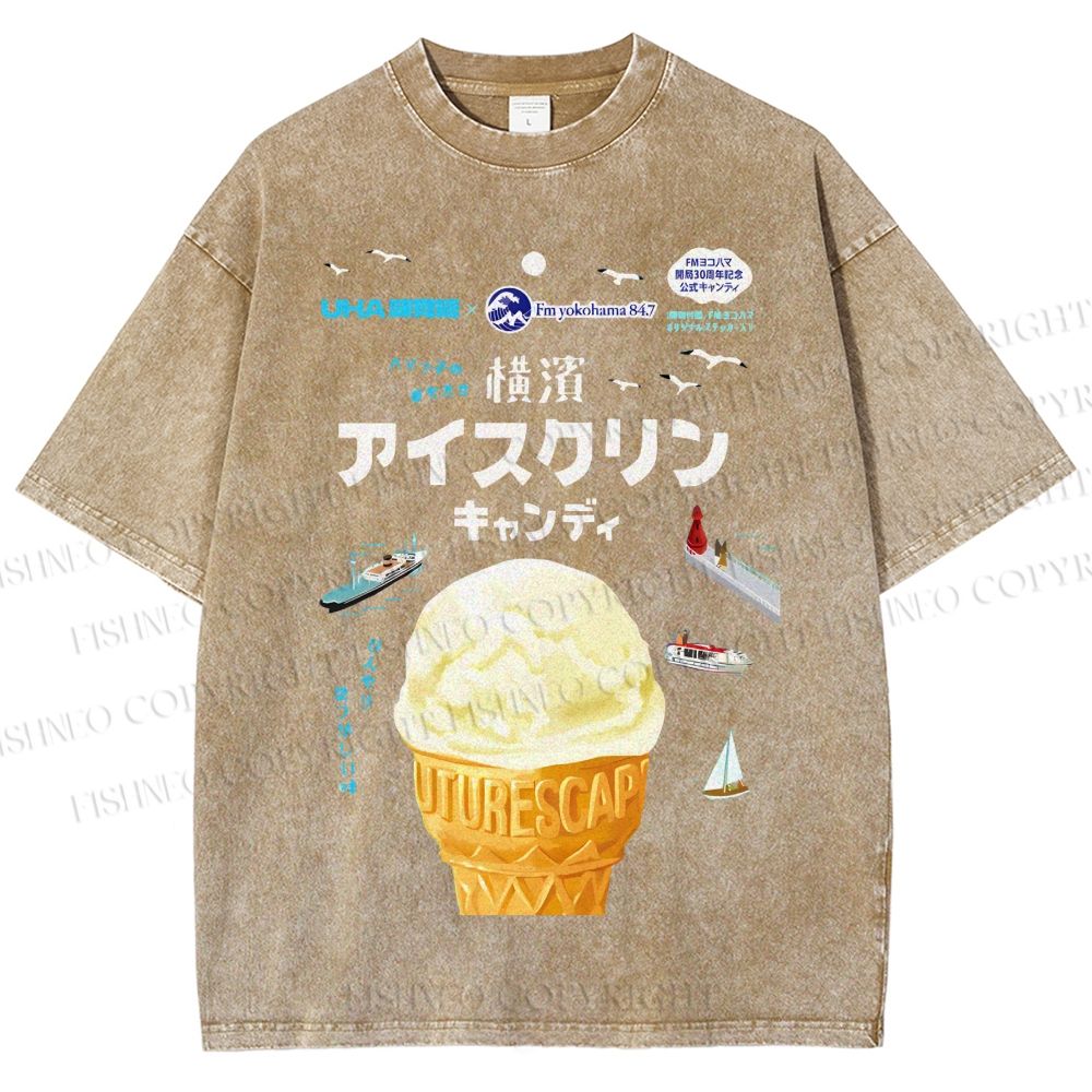 Unisex Japanese Ice-Cream Printed Washed Tee
