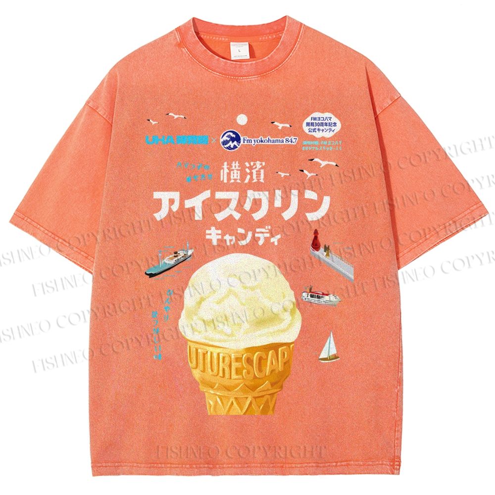 Unisex Japanese Ice-Cream Printed Washed Tee