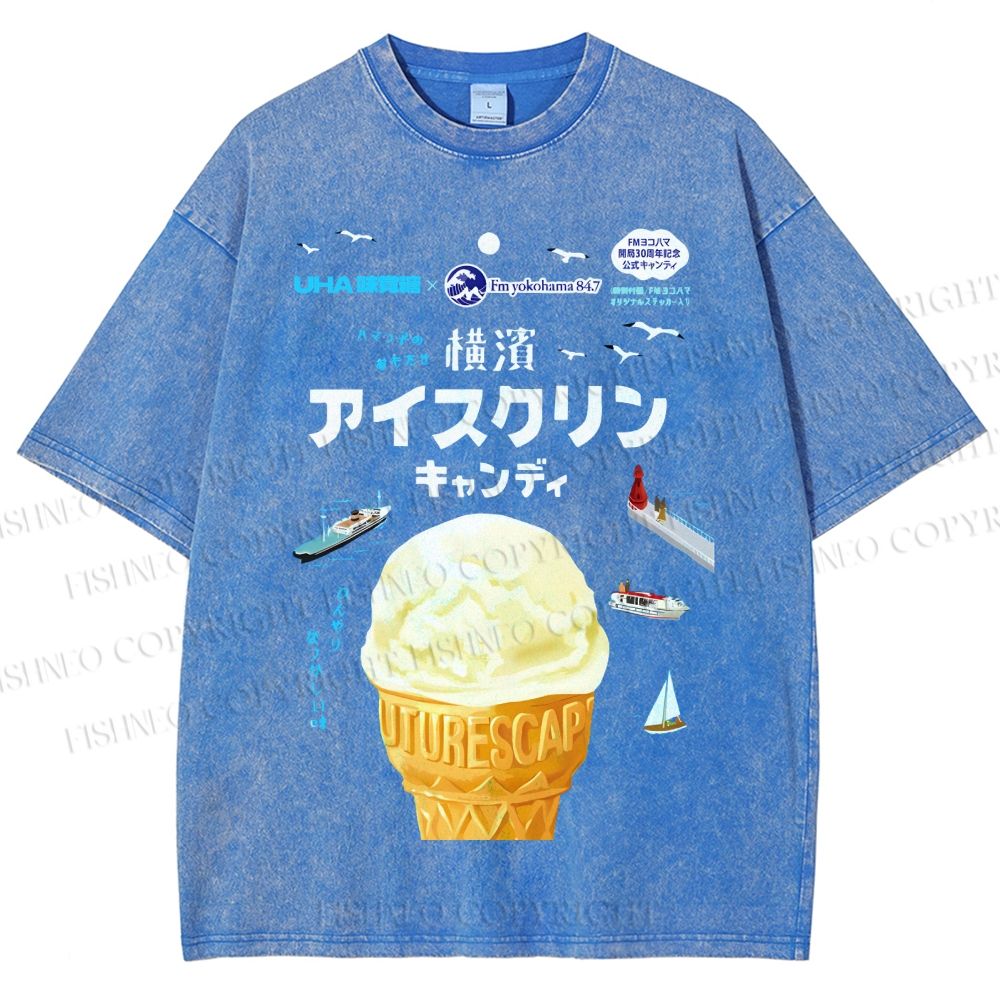 Unisex Japanese Ice-Cream Printed Washed Tee
