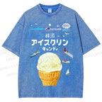 Unisex Japanese Ice-Cream Printed Washed Tee
