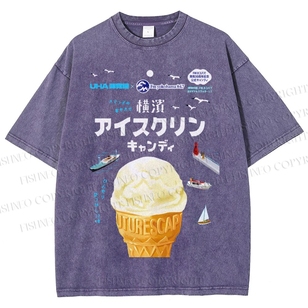 Unisex Japanese Ice-Cream Printed Washed Tee