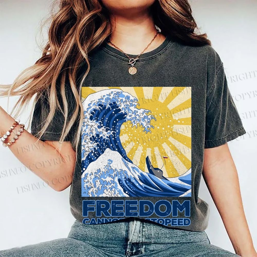 Unisex Japanese Sea Wave Freedom Cannot Be Stopped Printed Washed Tee