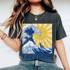 Unisex Japanese Sea Wave Freedom Cannot Be Stopped Printed Washed Tee