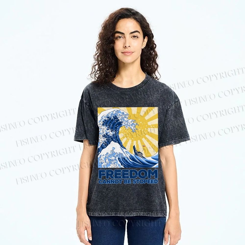 Unisex Japanese Sea Wave Freedom Cannot Be Stopped Printed Washed Tee