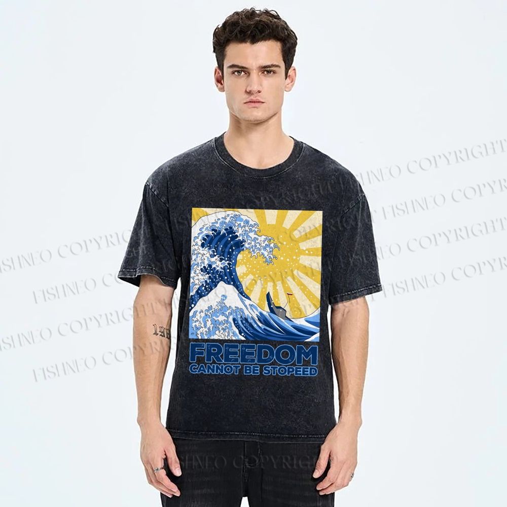 Unisex Japanese Sea Wave Freedom Cannot Be Stopped Printed Washed Tee