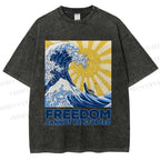 Unisex Japanese Sea Wave Freedom Cannot Be Stopped Printed Washed Tee