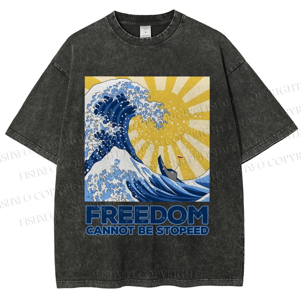 Unisex Japanese Sea Wave Freedom Cannot Be Stopped Printed Washed Tee