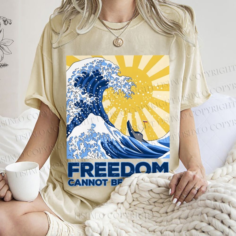 Unisex Japanese Sea Wave Freedom Cannot Be Stopped Printed Washed Tee