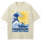 Unisex Japanese Sea Wave Freedom Cannot Be Stopped Printed Washed Tee