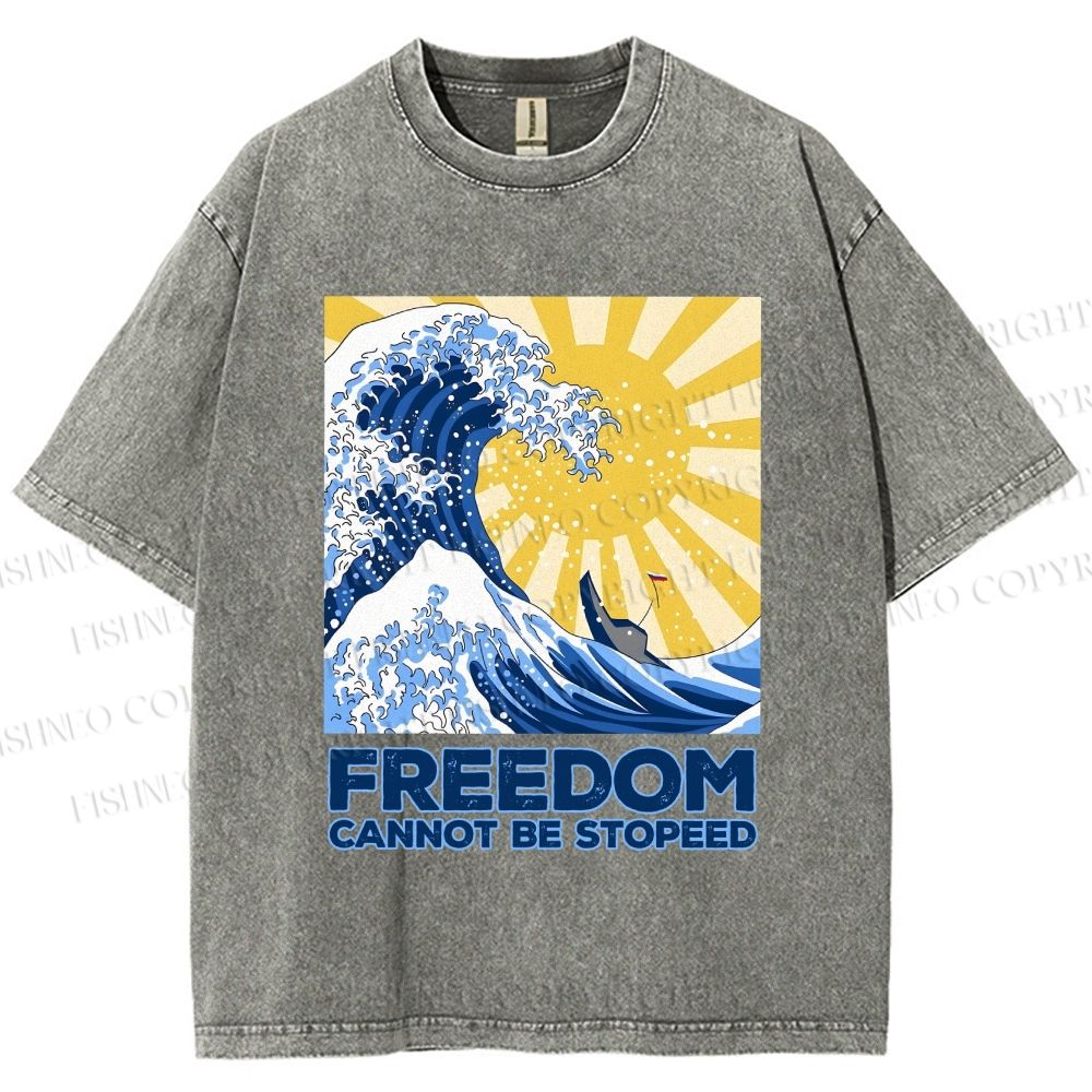 Unisex Japanese Sea Wave Freedom Cannot Be Stopped Printed Washed Tee