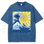Unisex Japanese Sea Wave Freedom Cannot Be Stopped Printed Washed Tee