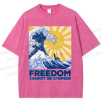 Unisex Japanese Sea Wave Freedom Cannot Be Stopped Printed Washed Tee