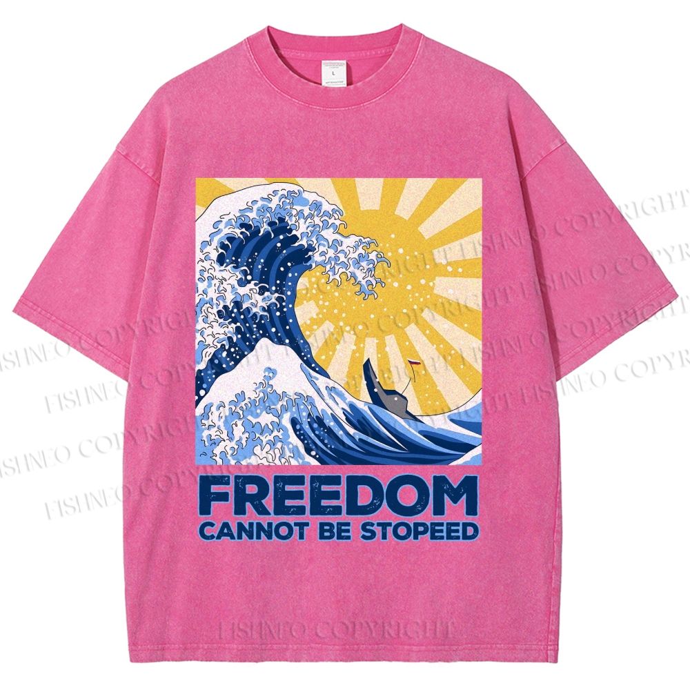 Unisex Japanese Sea Wave Freedom Cannot Be Stopped Printed Washed Tee