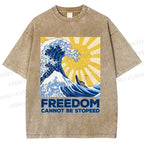 Unisex Japanese Sea Wave Freedom Cannot Be Stopped Printed Washed Tee