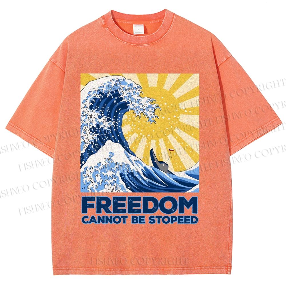 Unisex Japanese Sea Wave Freedom Cannot Be Stopped Printed Washed Tee