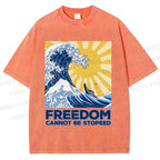 Unisex Japanese Sea Wave Freedom Cannot Be Stopped Printed Washed Tee