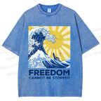 Unisex Japanese Sea Wave Freedom Cannot Be Stopped Printed Washed Tee