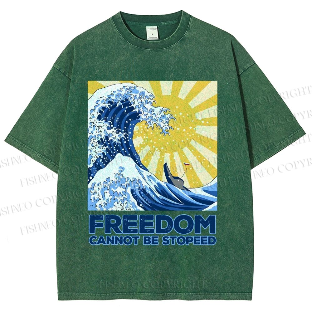 Unisex Japanese Sea Wave Freedom Cannot Be Stopped Printed Washed Tee