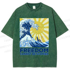 Unisex Japanese Sea Wave Freedom Cannot Be Stopped Printed Washed Tee