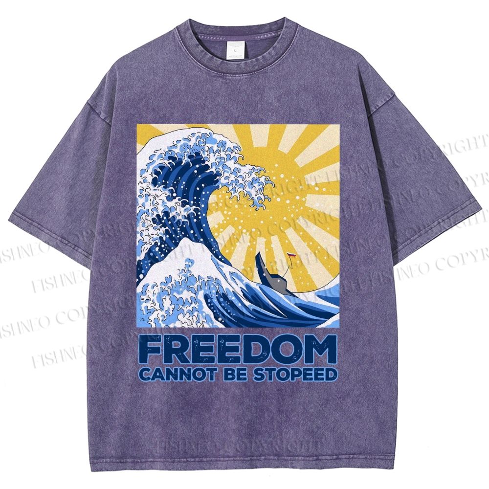 Unisex Japanese Sea Wave Freedom Cannot Be Stopped Printed Washed Tee