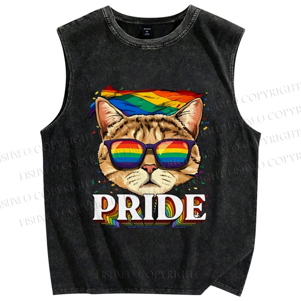 Unisex Pride Cat With Pride Flag Printed Washed Tank Top