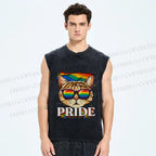Unisex Pride Cat With Pride Flag Printed Washed Tank Top