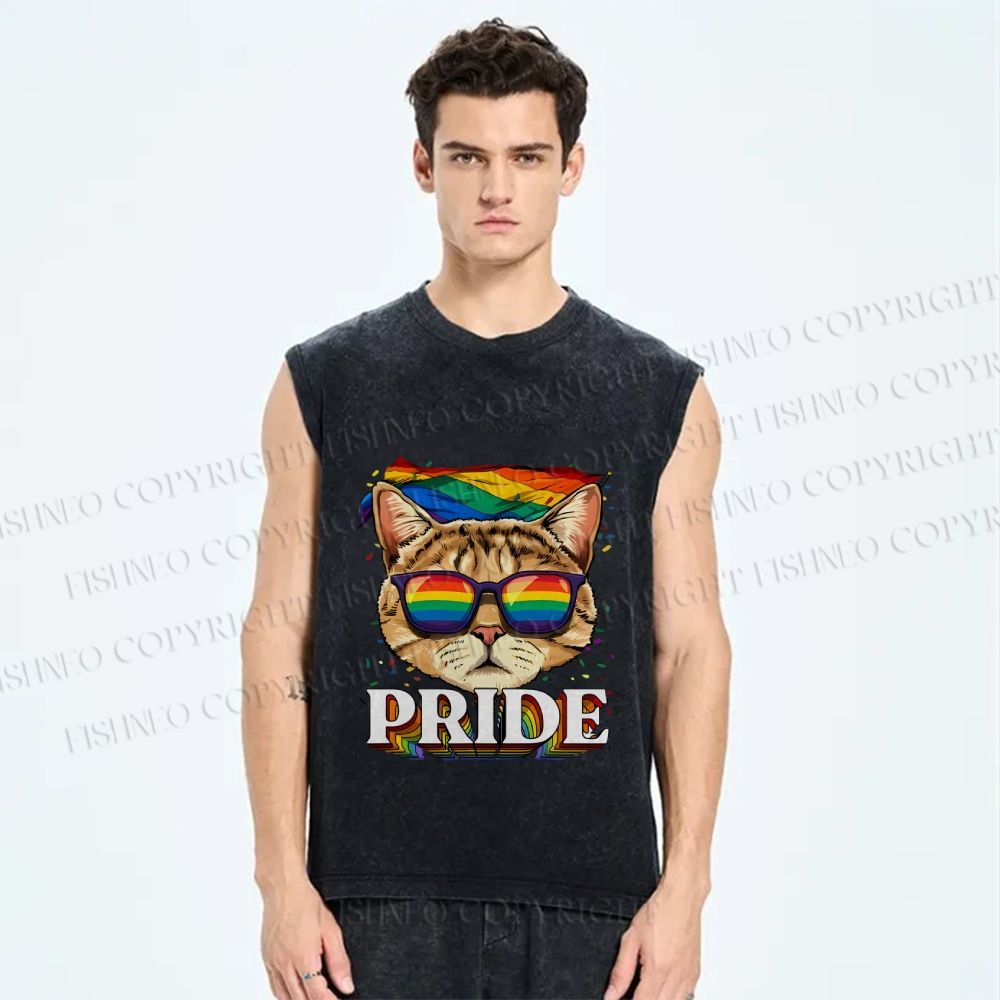 Unisex Pride Cat With Pride Flag Printed Washed Tank Top
