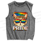 Unisex Pride Cat With Pride Flag Printed Washed Tank Top