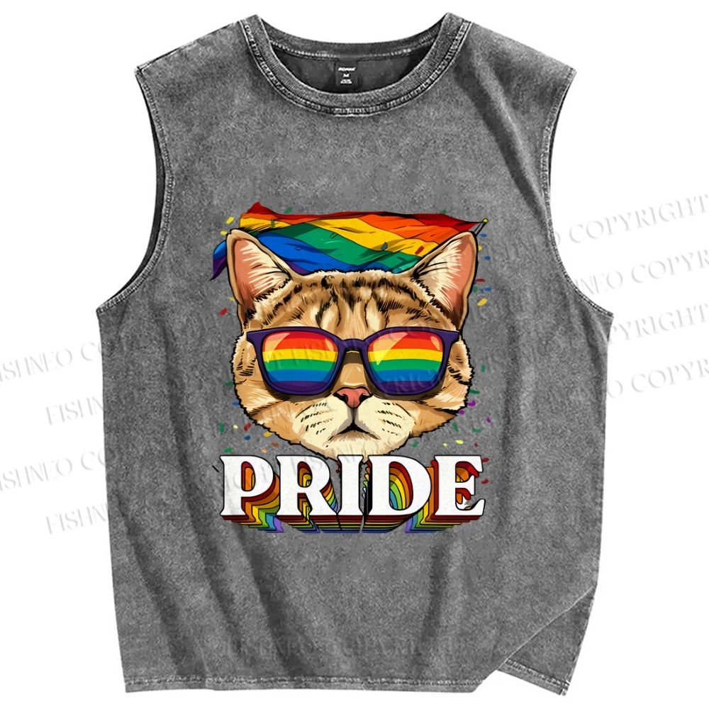 Unisex Pride Cat With Pride Flag Printed Washed Tank Top