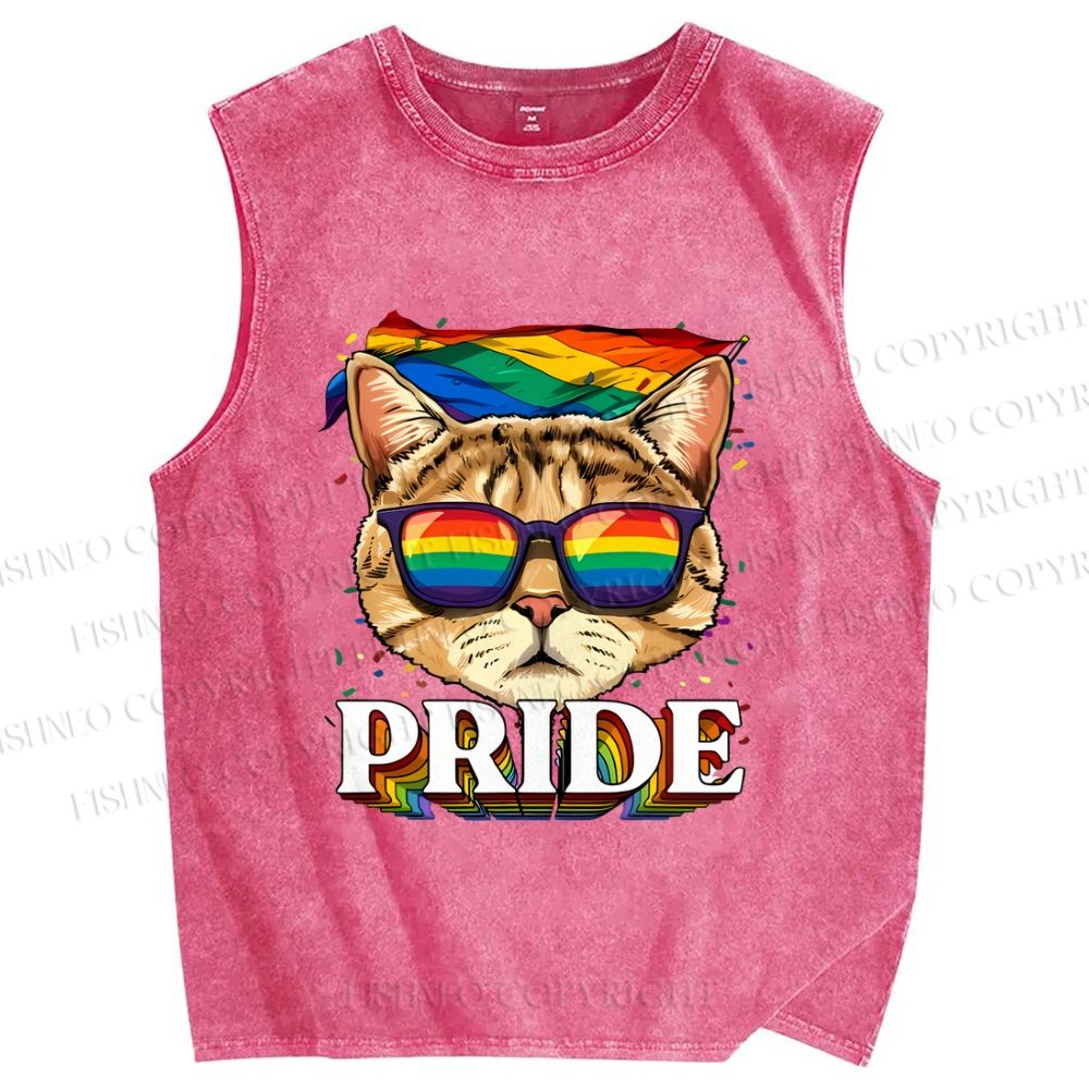 Unisex Pride Cat With Pride Flag Printed Washed Tank Top