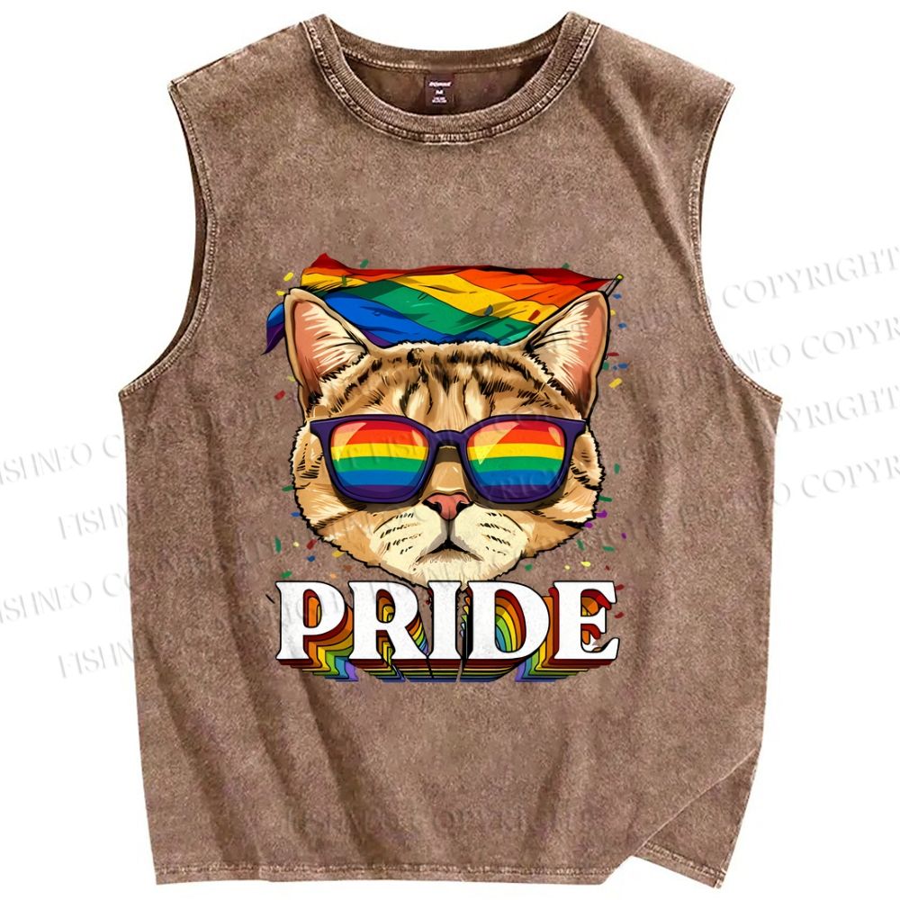 Unisex Pride Cat With Pride Flag Printed Washed Tank Top