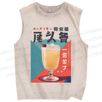 Unisex Japanese Drink Graffiti Printed Washed Tank Top