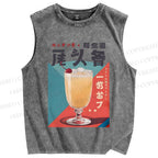 Unisex Japanese Drink Graffiti Printed Washed Tank Top
