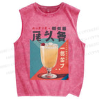 Unisex Japanese Drink Graffiti Printed Washed Tank Top
