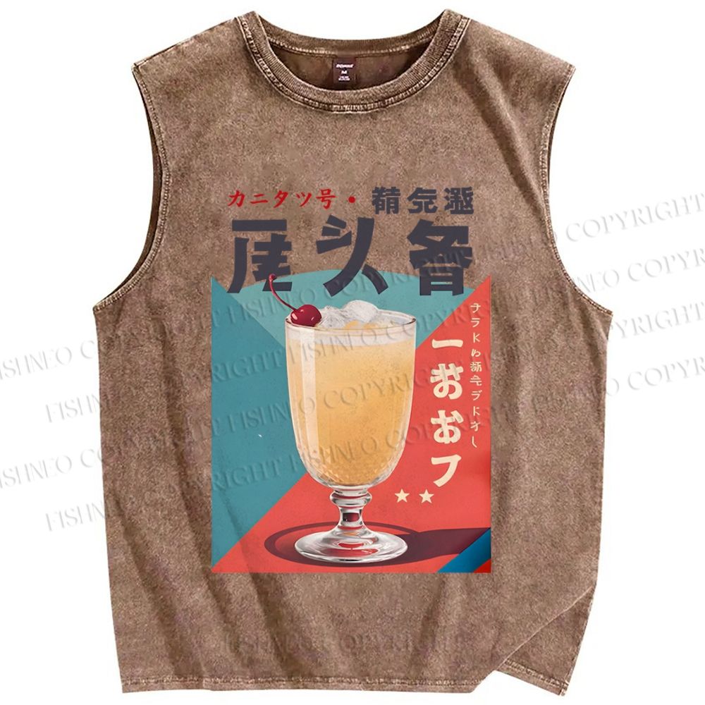 Unisex Japanese Drink Graffiti Printed Washed Tank Top