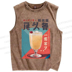 Unisex Japanese Drink Graffiti Printed Washed Tank Top