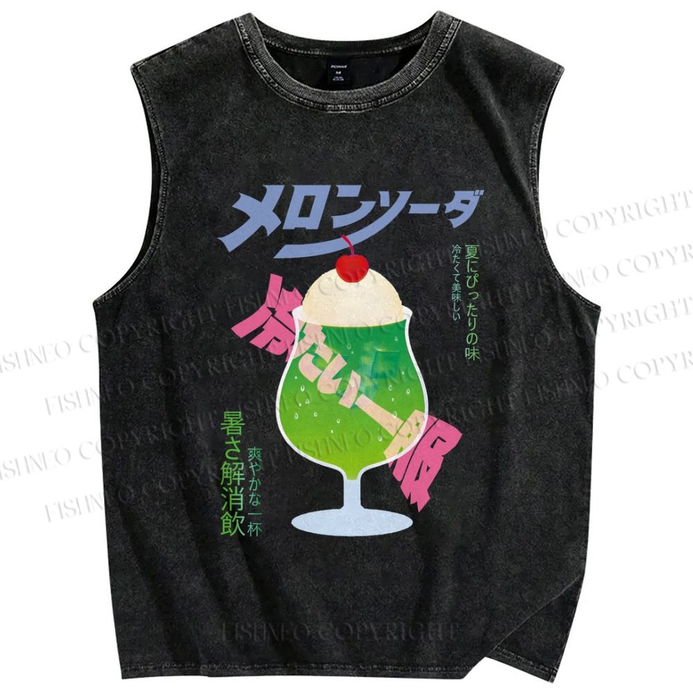 Unisex Japanese Drink Graffiti Printed Washed Tank Top