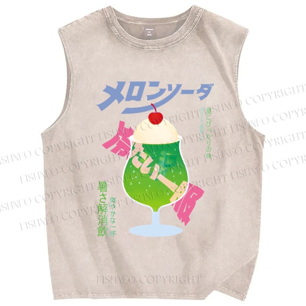 Unisex Japanese Drink Graffiti Printed Washed Tank Top