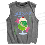 Unisex Japanese Drink Graffiti Printed Washed Tank Top