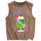 Unisex Japanese Drink Graffiti Printed Washed Tank Top