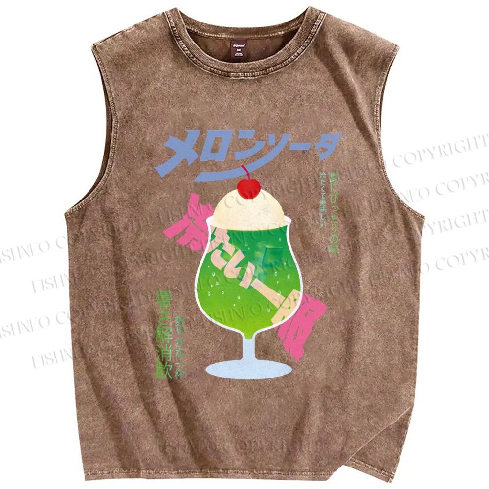 Unisex Japanese Drink Graffiti Printed Washed Tank Top