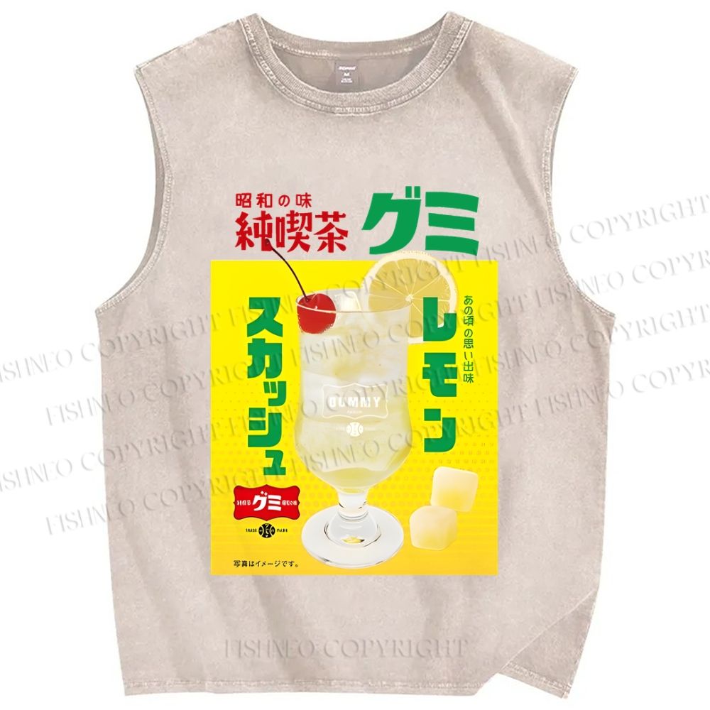 Unisex Japanese Drink Graffiti Printed Washed Tank Top