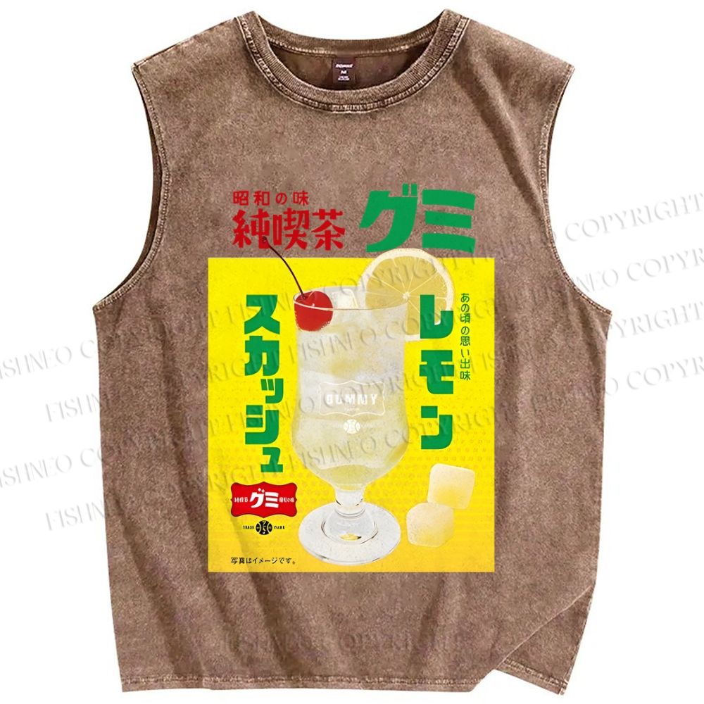 Unisex Japanese Drink Graffiti Printed Washed Tank Top