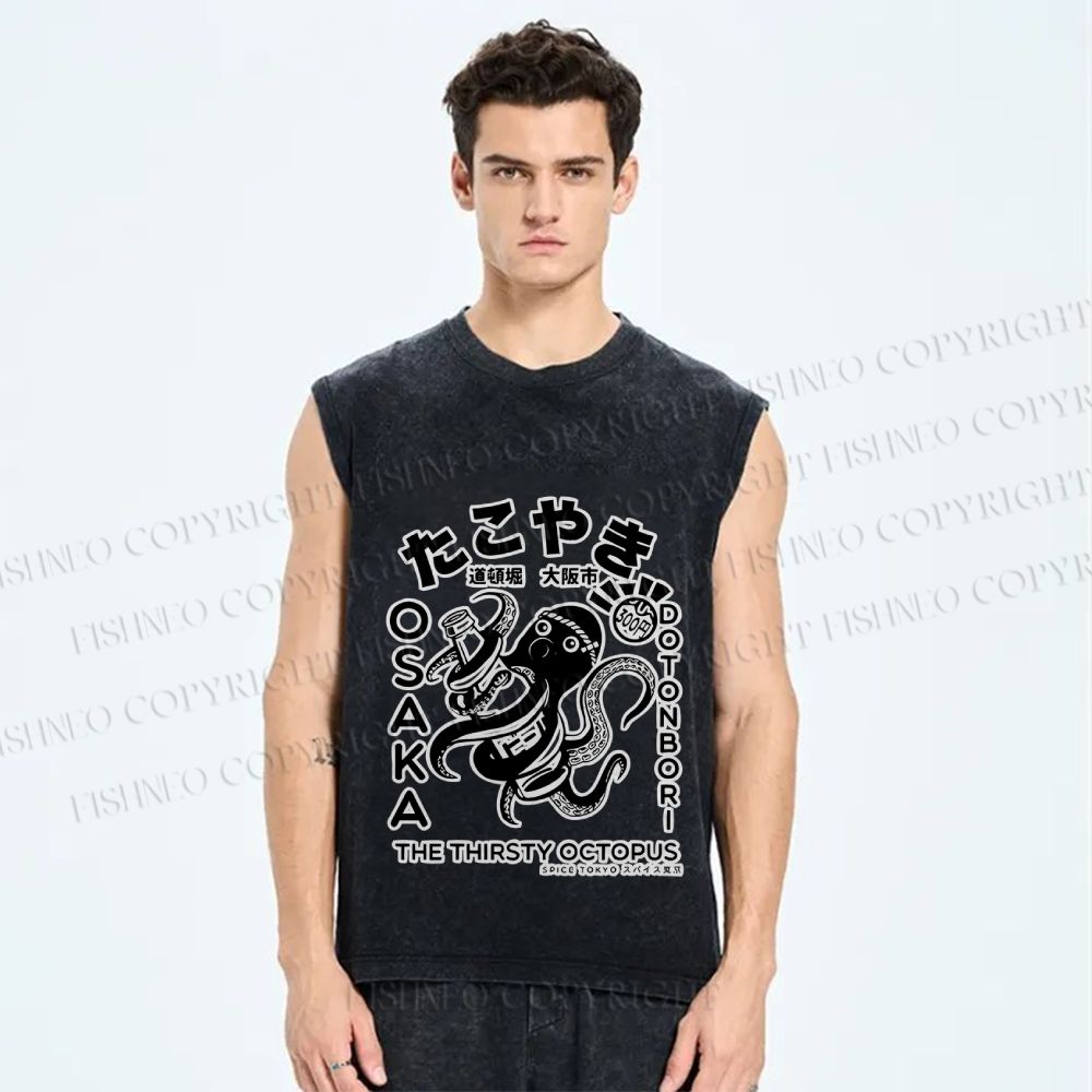Unisex Osaka Thirsty Octopus Printed Washed Tank Top