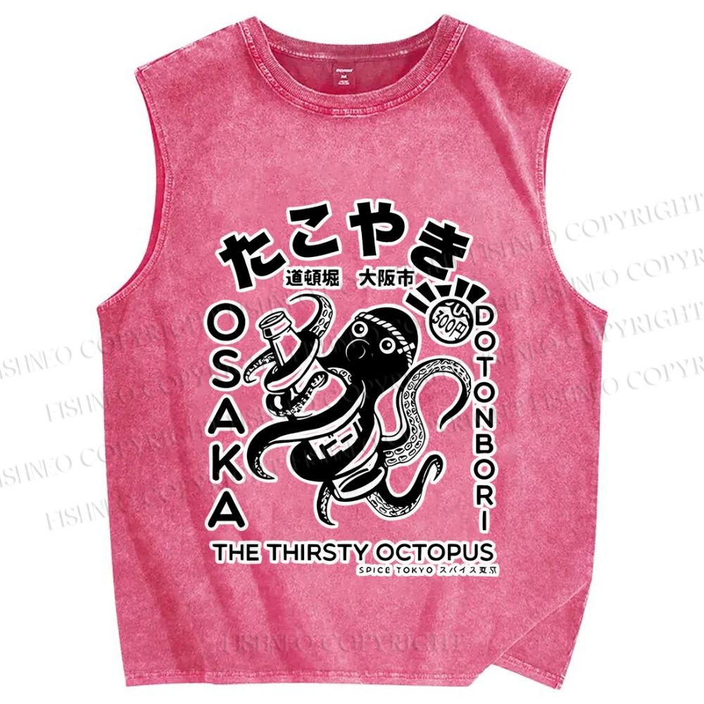 Unisex Osaka Thirsty Octopus Printed Washed Tank Top