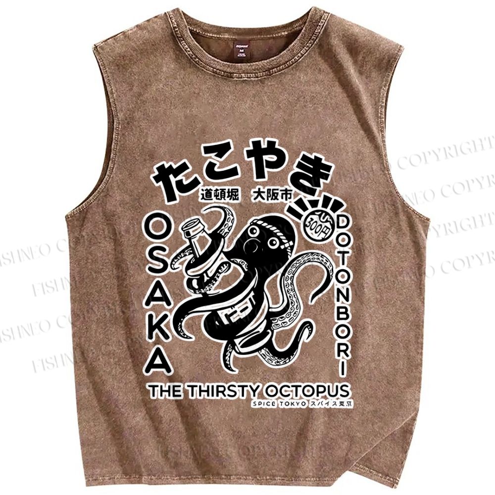 Unisex Osaka Thirsty Octopus Printed Washed Tank Top